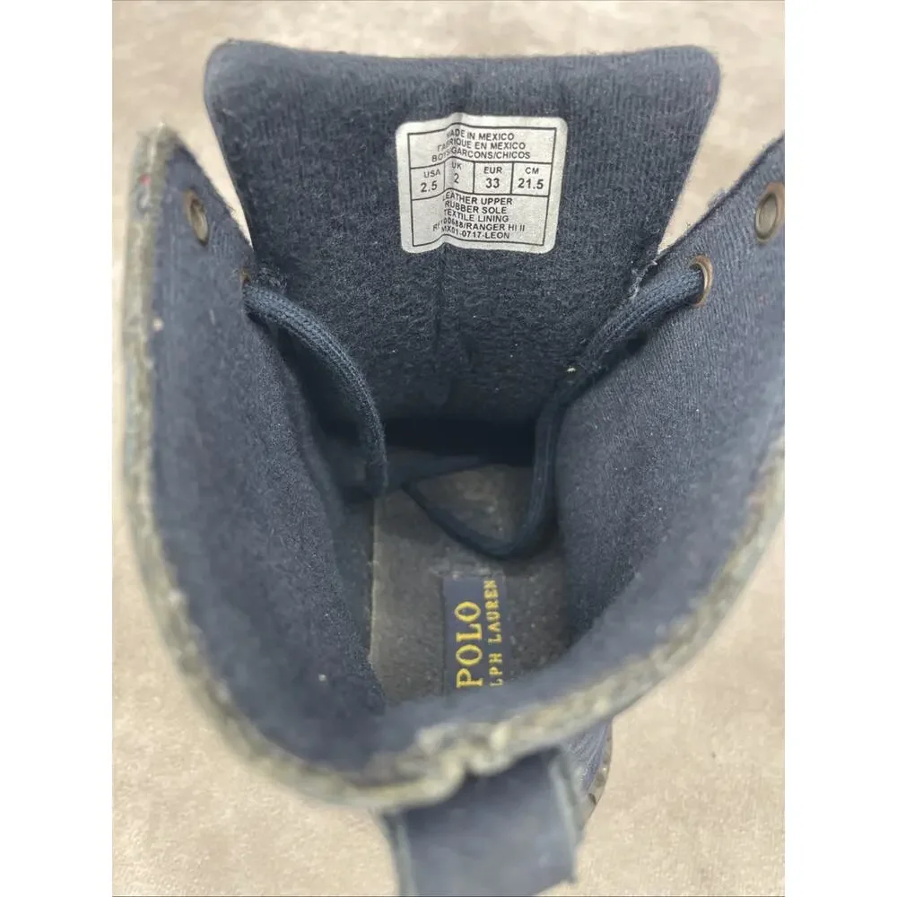 Polo Ralph Lauren Boys Size 2.5 Navy Leather Polo Mallet Bear Ranger Hi II